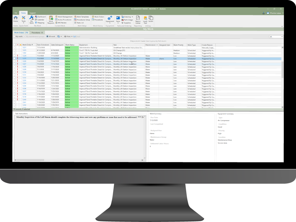 A monitor displaying Antero CMMS.